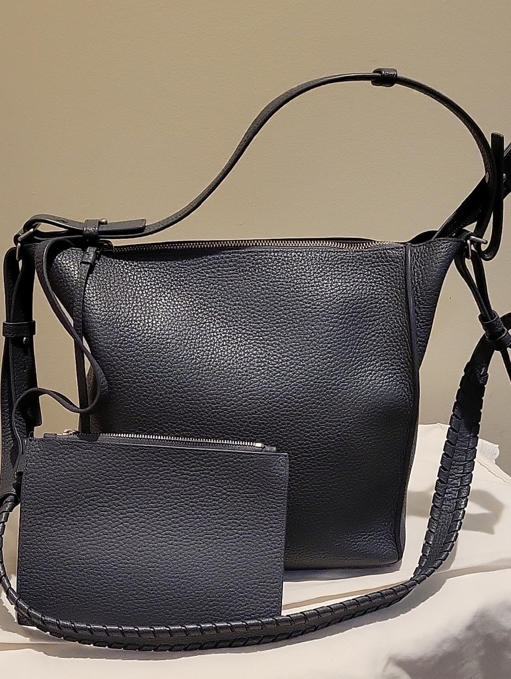 Allsaints Classic Black Leather Shoulder Bag with Zip Pouch Dark Grey